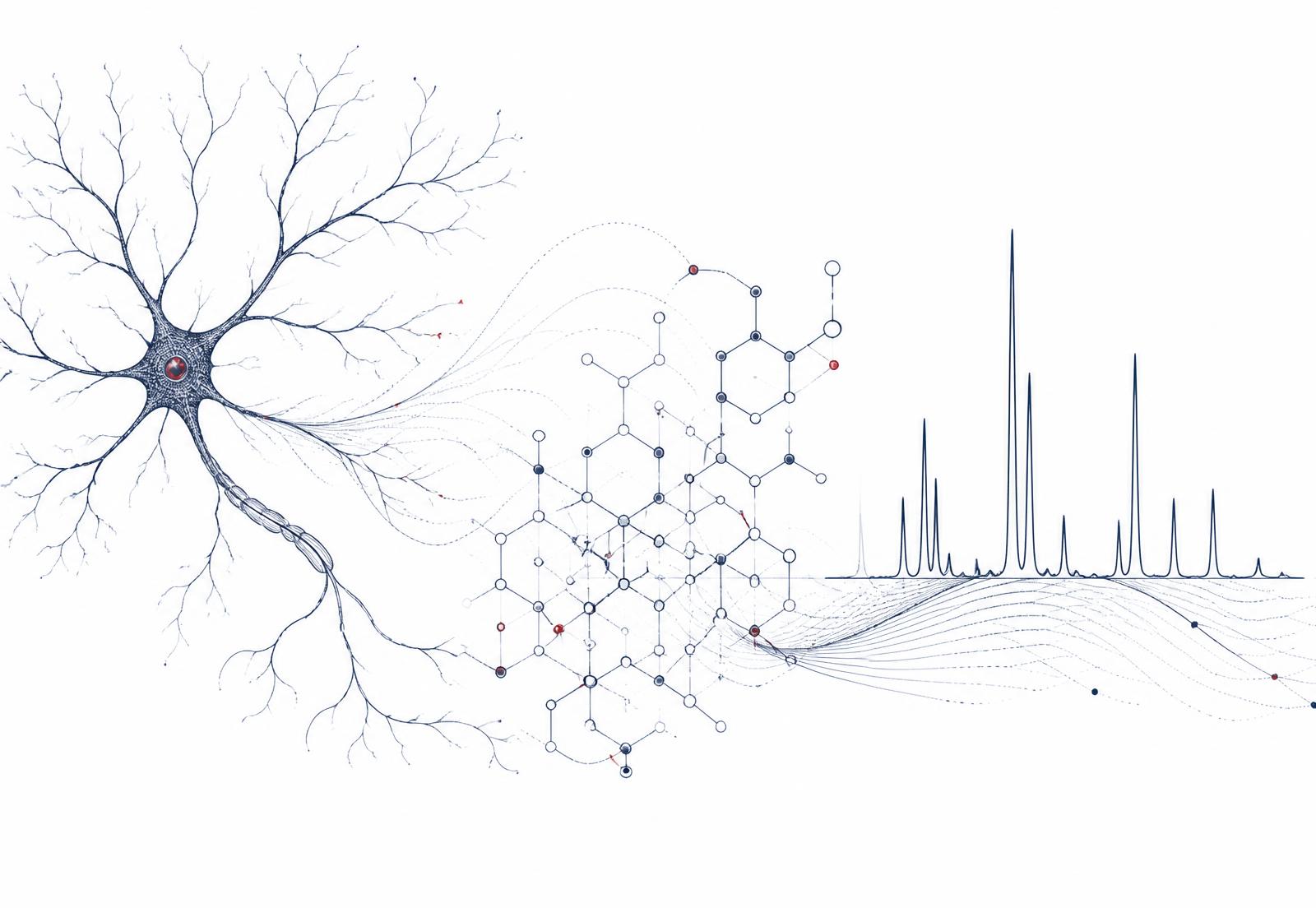 Line illustration of a neuron network merging into a molecular lattice and a spectral trace